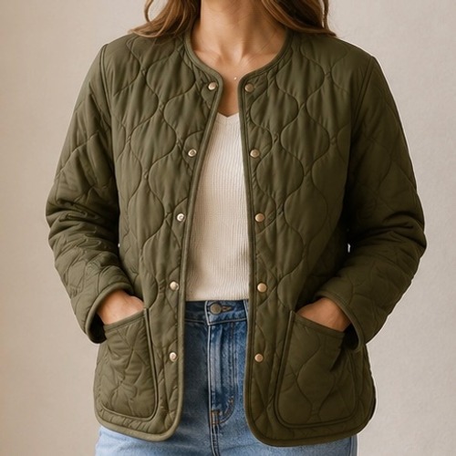 St. Johns Bay Womens Quilted Liner Jacket Olive Green Snap Front Large